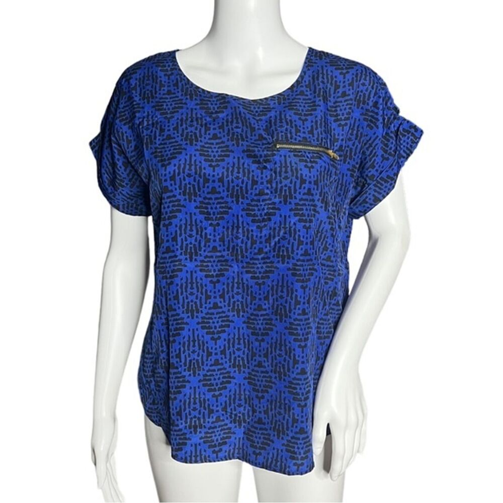 Cynthia Rowley Shirt Womens Small Blue Black Geometric Zippers Casual Office